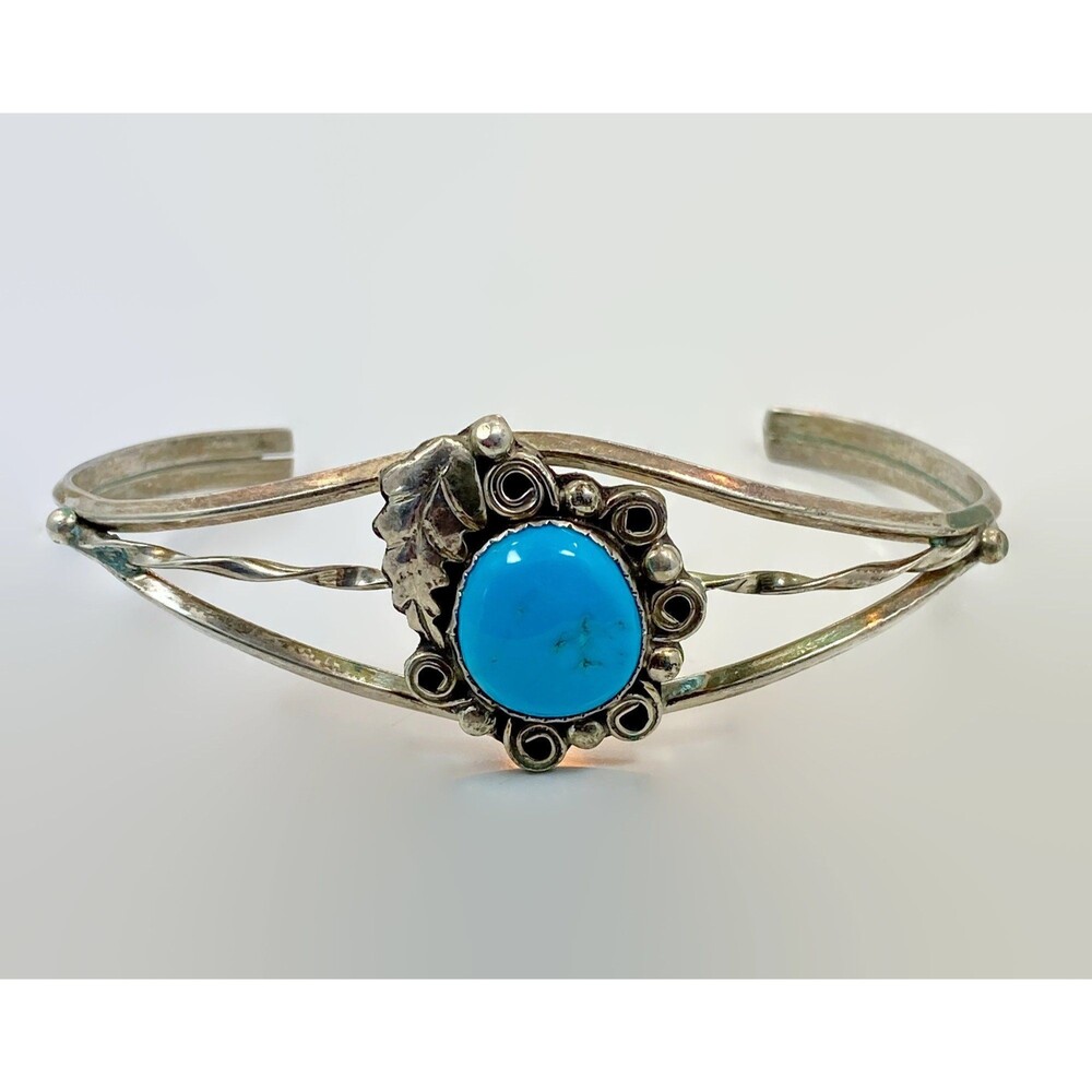 Vintage Turquoise Sterling Silver Cuff Bracelet: Native American Feather Boho